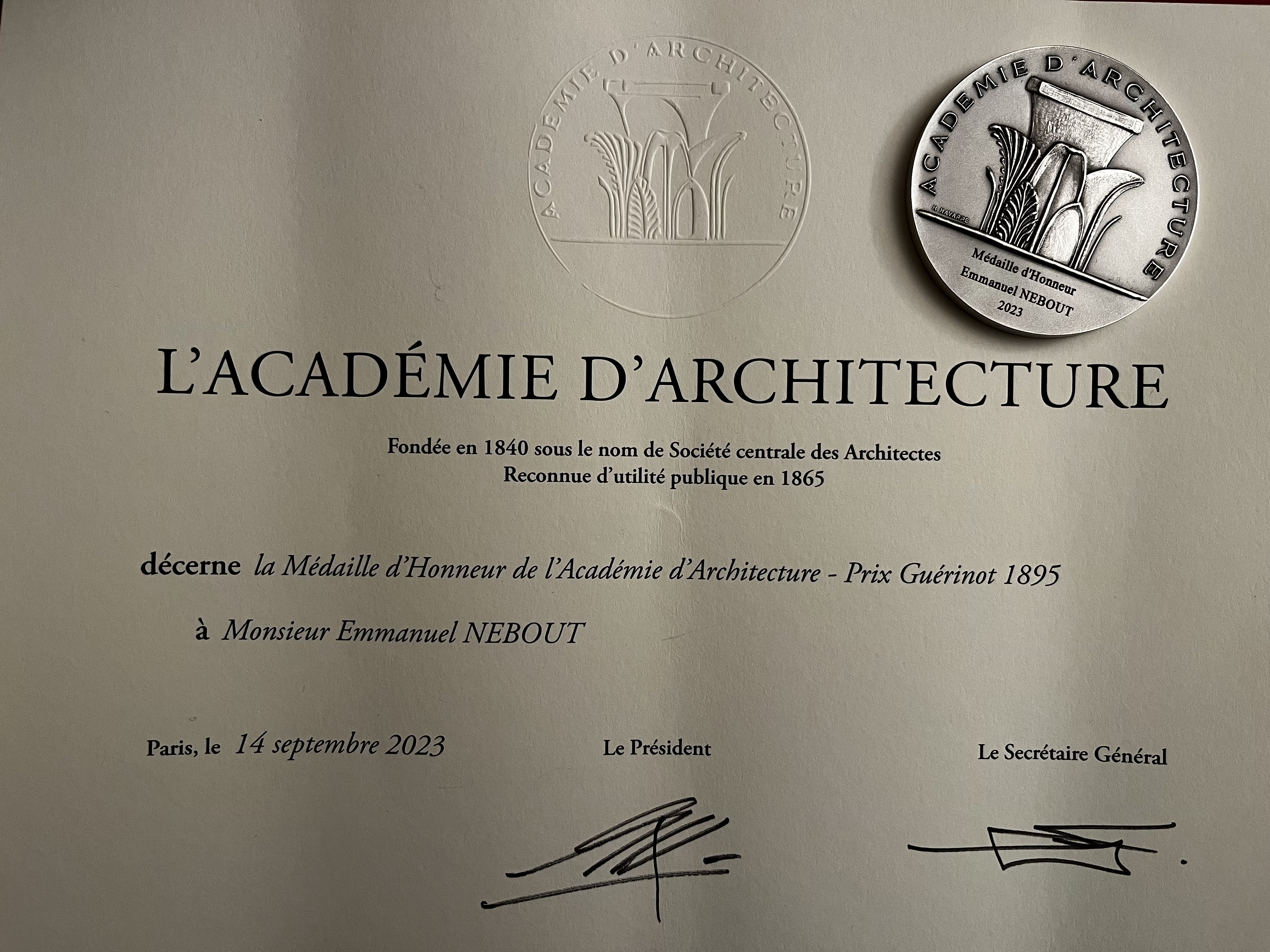 Emmanuel Nebout reçoit la médaille d'honneur de l'Académie d'Architecture